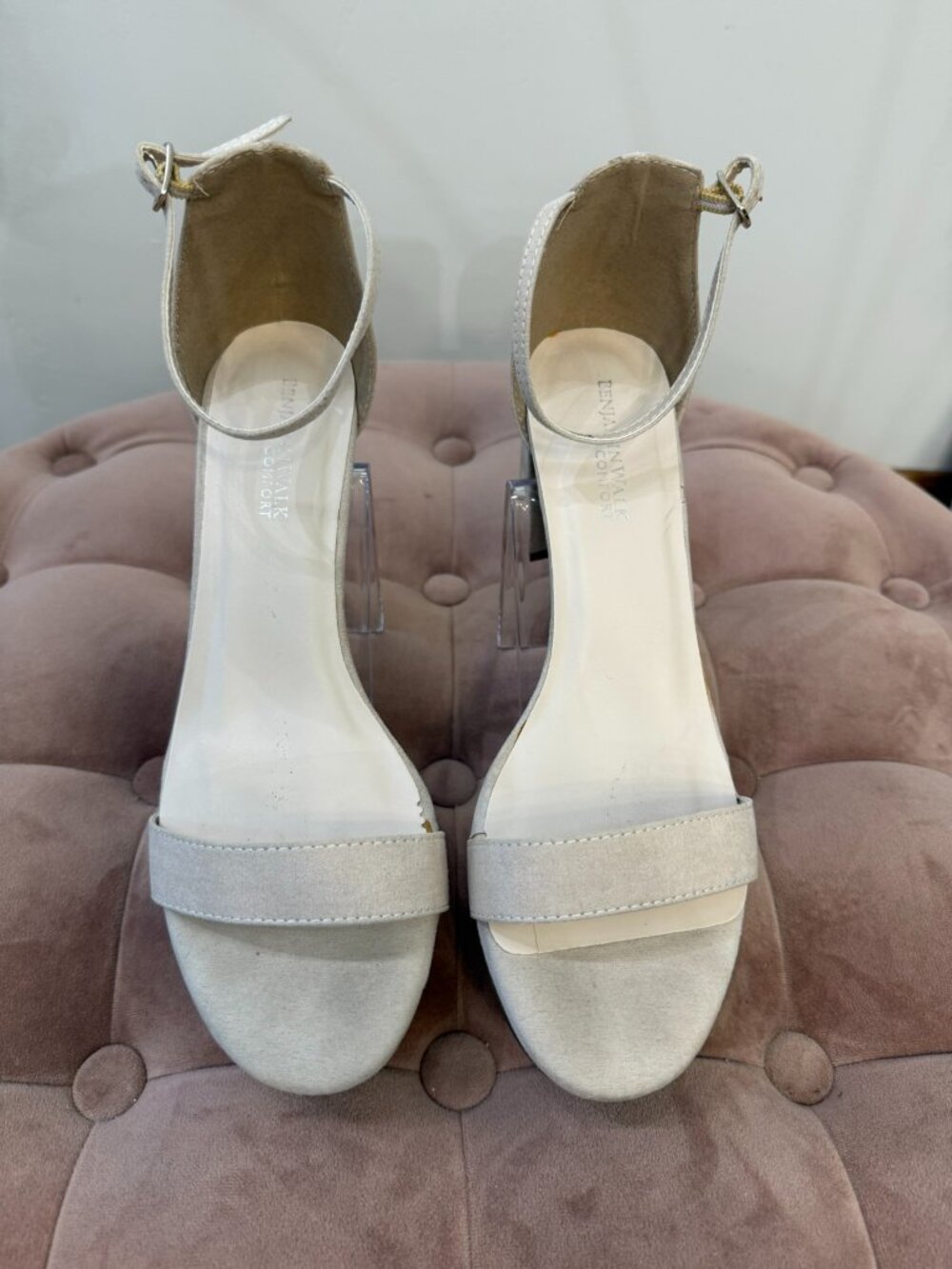 Benjamin Walk January Beige Faux Suede Mid Block Heel Sandals Size 8.5